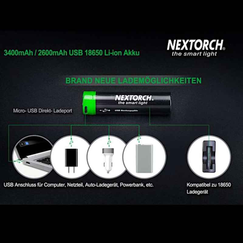 Nextorch Akku 18650 USB Lithium-ion (Li-Ion) 3,6 V, 3400 mAh
